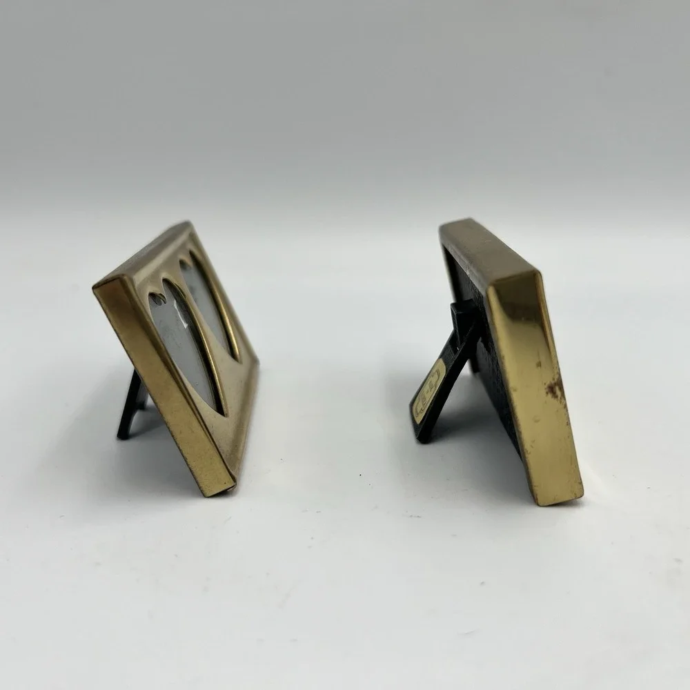 Vintage Solid Brass Double Heart Shaped Mini Picture Frame Lot of 2 Rectangle